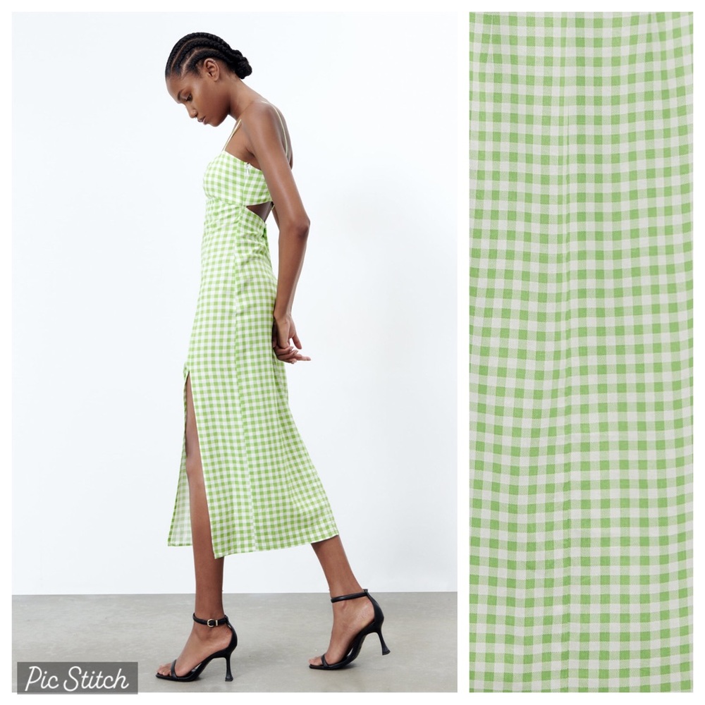 NWT. Zara White/Green Linen Blend Gingham Midi Dress. Size M. - Picture 3 of 10